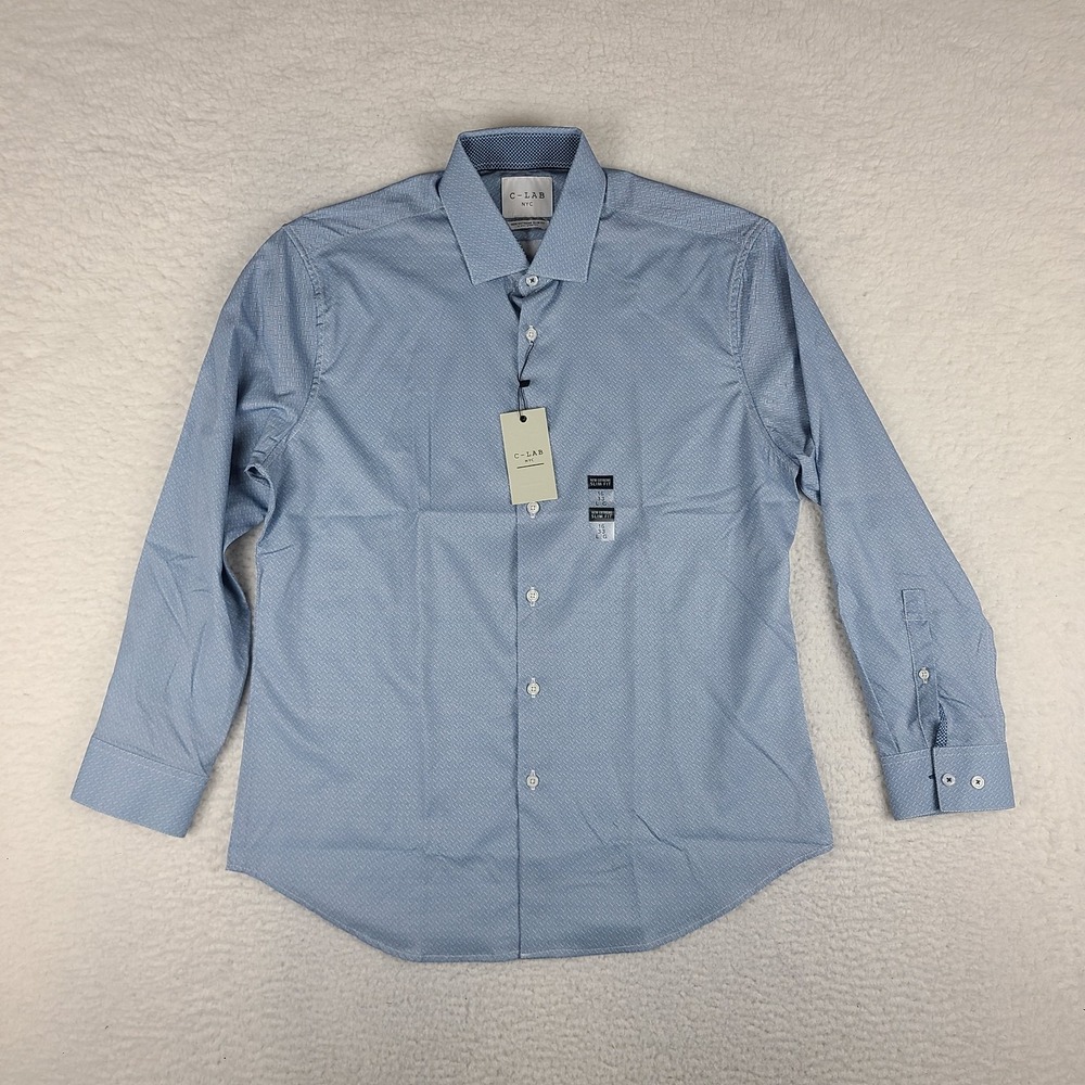 C Lab NYC Shirt Mens 16‎ - 33 Blue White New Extreme Slim Fit 4 Way Stretch NEW